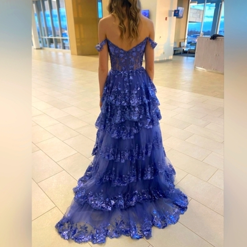 EUC Sherri Hill 55500 Prom Formal Gown Dress 4 Purple Sequin Lace Tiered Corset - Picture 2 of 11